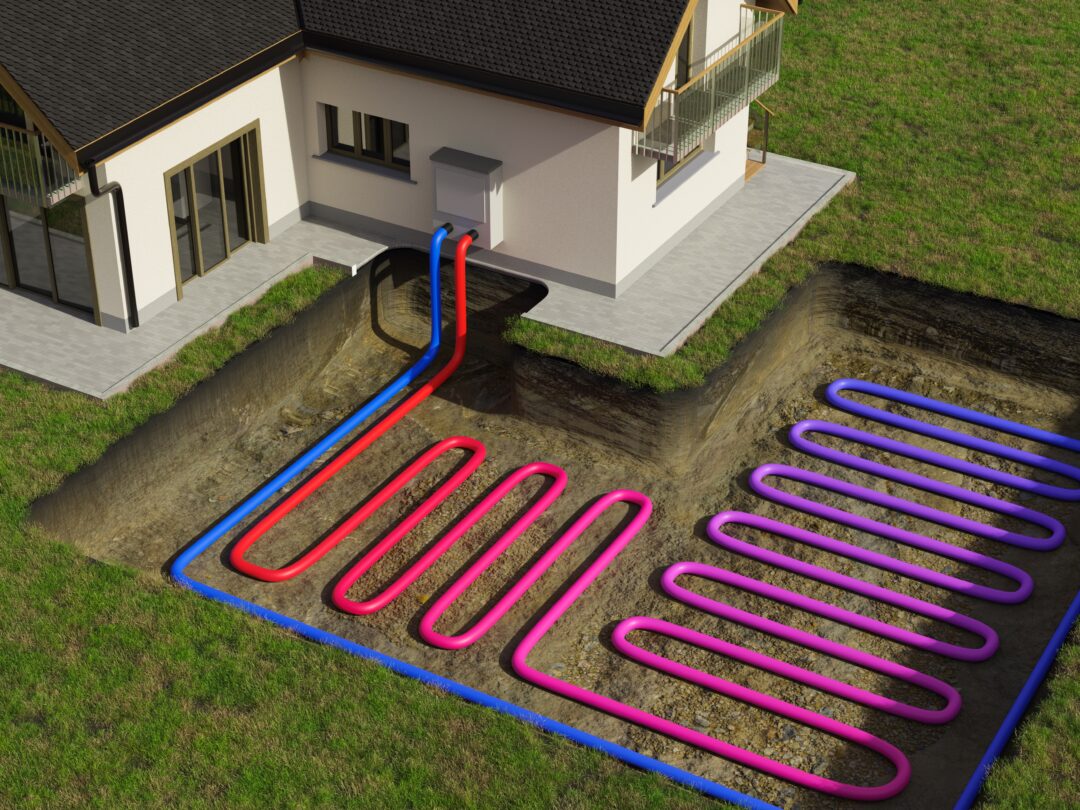 Horizontal ground source heat pump system for heating home with geothermal energy. 3D rendered illustration.